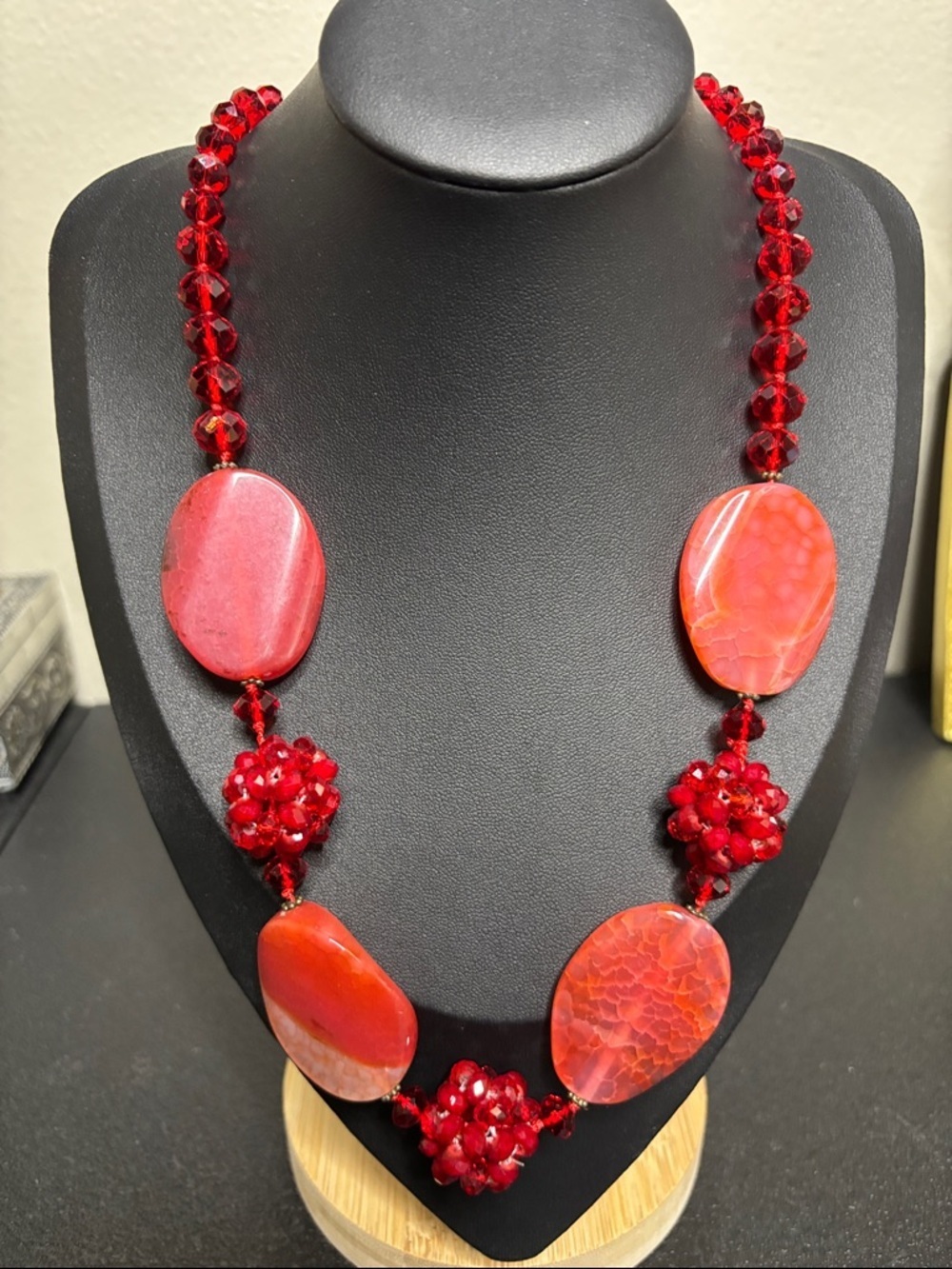 Vintage Red Crystal Marble Beaded Statement Necklace